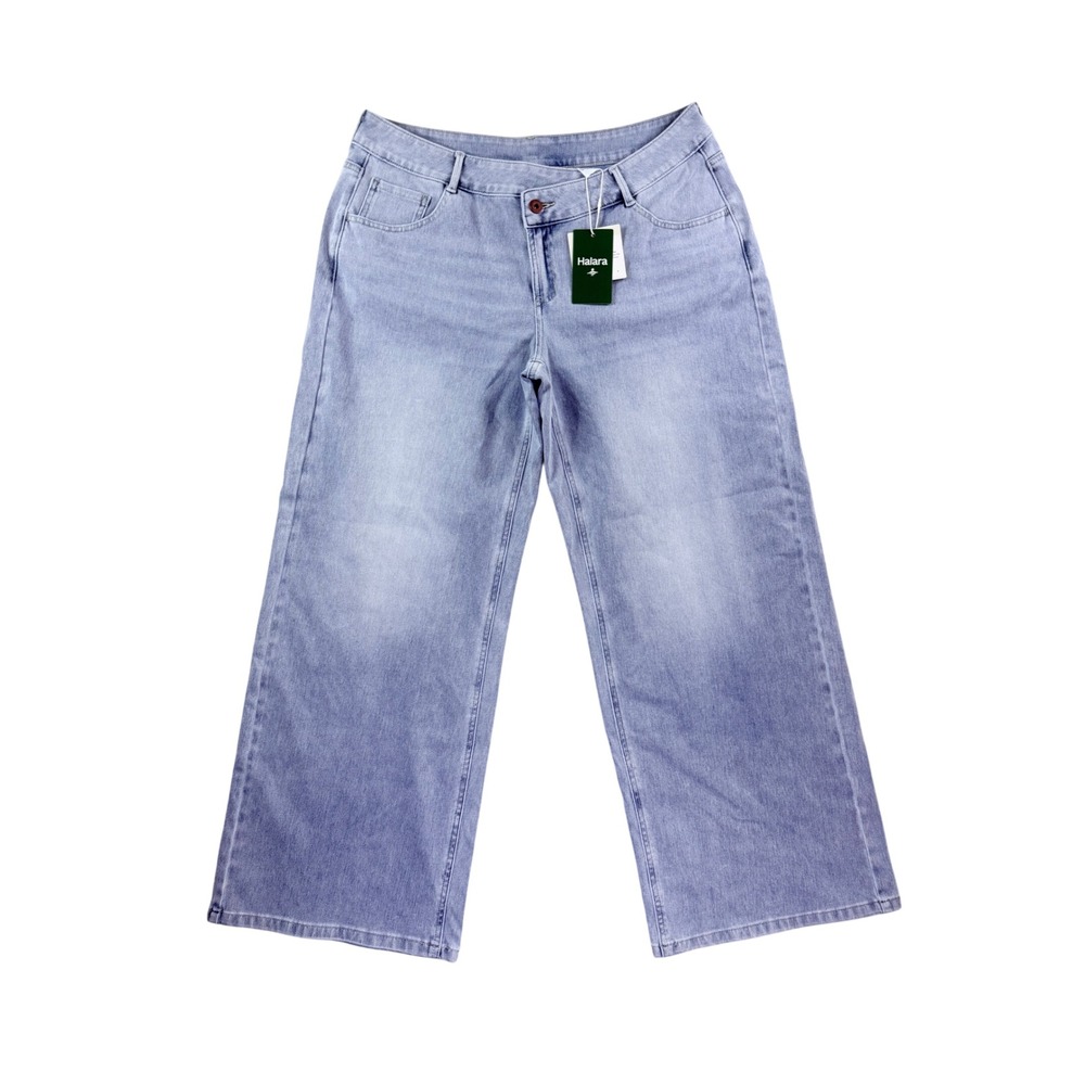 Halara Flex Denim Pants Women Large Light Blue Crossover Waist Wide Leg Stretch